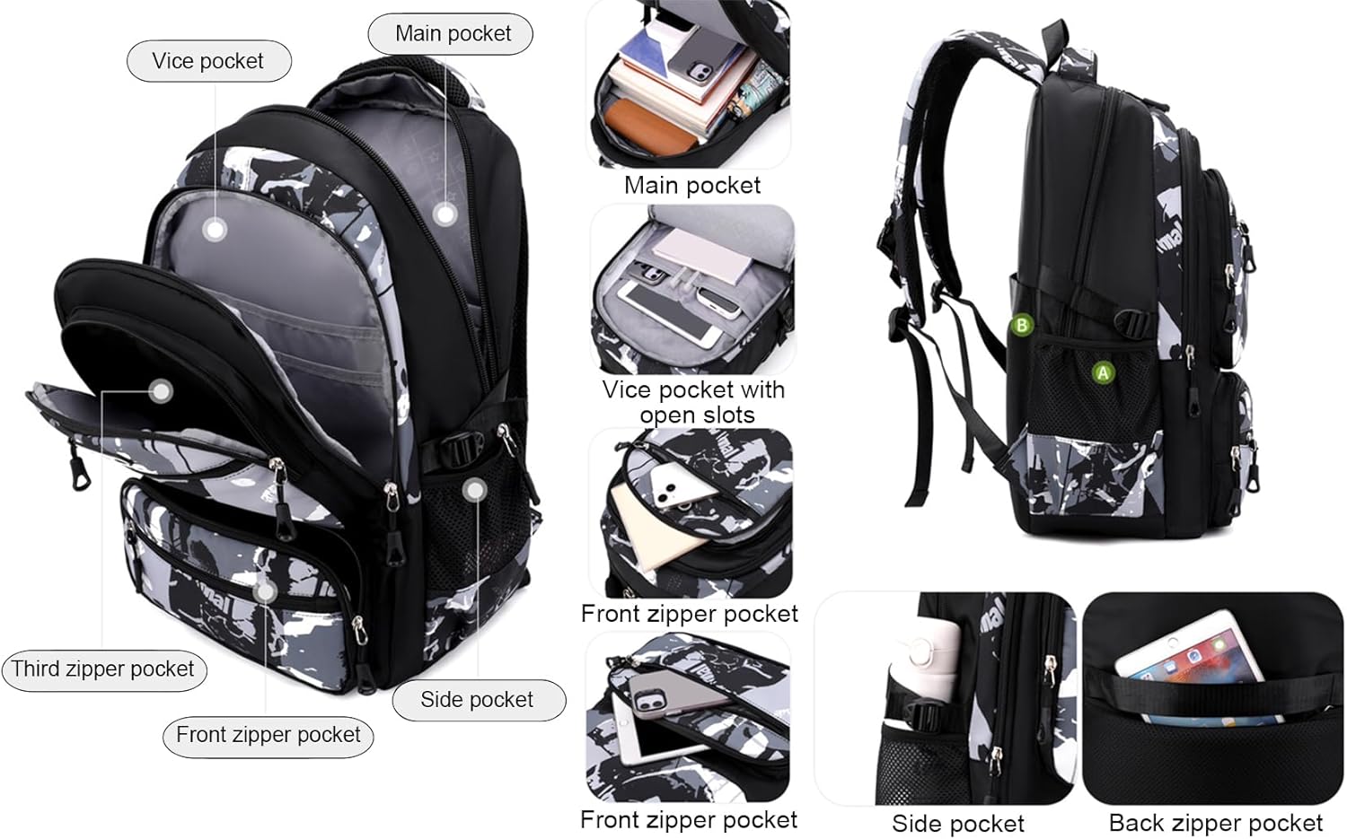 JiaYou Men Teens Middle School Graffiti Backpack High School Laptop Daypack College Bag(Black,45 Liters)