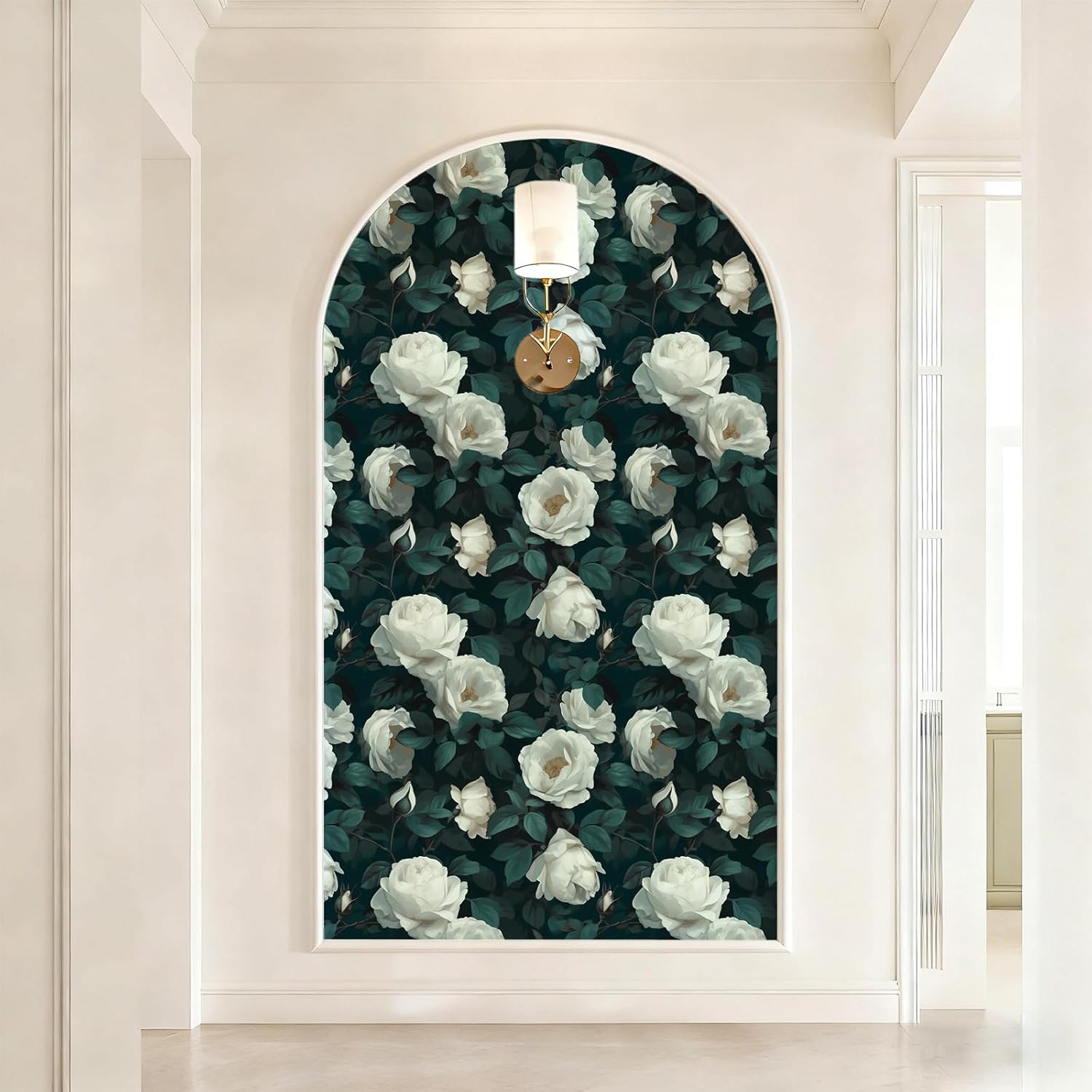 VaryStyle Green White Floral Wallpaper Blooming Rose Wallpaper Peel and Stick Dark Green and White Flower Wall Paper for Bathroom Bedroom 17.7"x118" Waterproof Removable Contact Paper for Cabinets