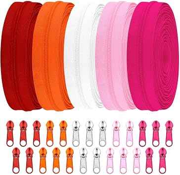 Sawoake 5 Pieces 15 Yards #3 Sewing Zippers Tapes by The Yard Nylon Coil Zipper Rolls Bulk with 25 Alloy Sliders for DIY Crafts Bags Repair and Sewing SuppliesOrange Red Color