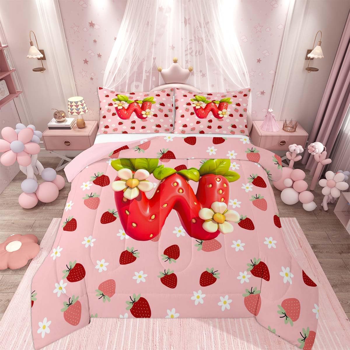 Feelyou Girls Cute Strawberry Kids Comforter Set King Size Pink Strawberry Bedding Set Initial Letter W Duvet Quilt for Kids Boys Girls Bedroom Decor Microfiber Ultra Soft Breathable