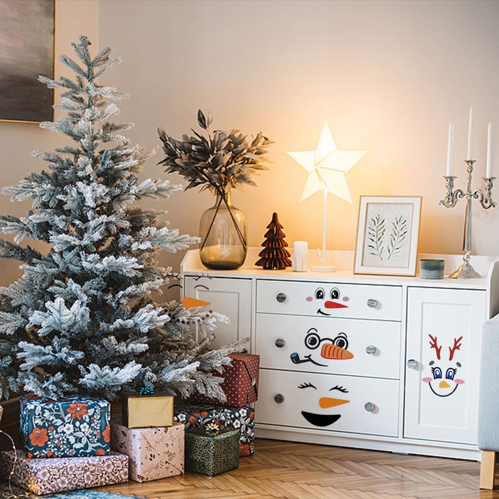 GlyinnHe 60 calcomanías de cara de muñeco de nieve de Navidad, lindas calcomanías de cara de muñeco de nieve, calcomanías de vinilo de Navidad para ventana de Navidad, decoración de pared, nevera,