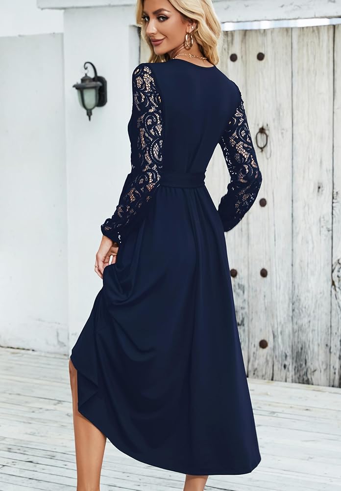 Runwind Elegant Maxi Dress for Women V Neck Lace Long Sleeve Bridesmaid  Dresses with Belt, Blue, Small : Amazon.ca: Clothing, Shoes \u0026 Accessories