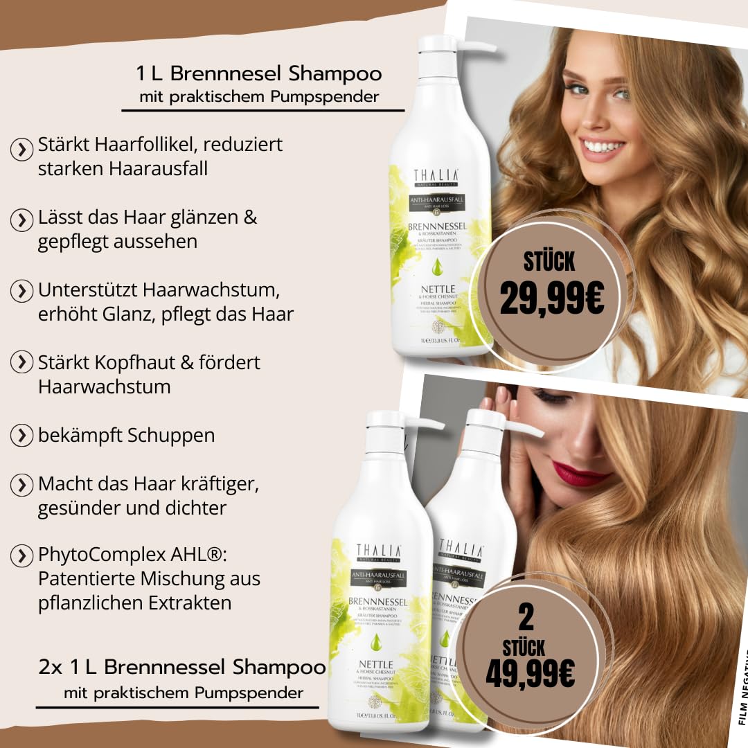 2L Thalia Brennnessel & Rosskastanien Shampoo 2x 1000 ml (2000 ml), unterstützt den Haarwachstum, gegen gespaltenes Haar(Spliss), Antischuppen, ohne Silikon, VEGAN beruhigend Haarpflege 100% natürlich