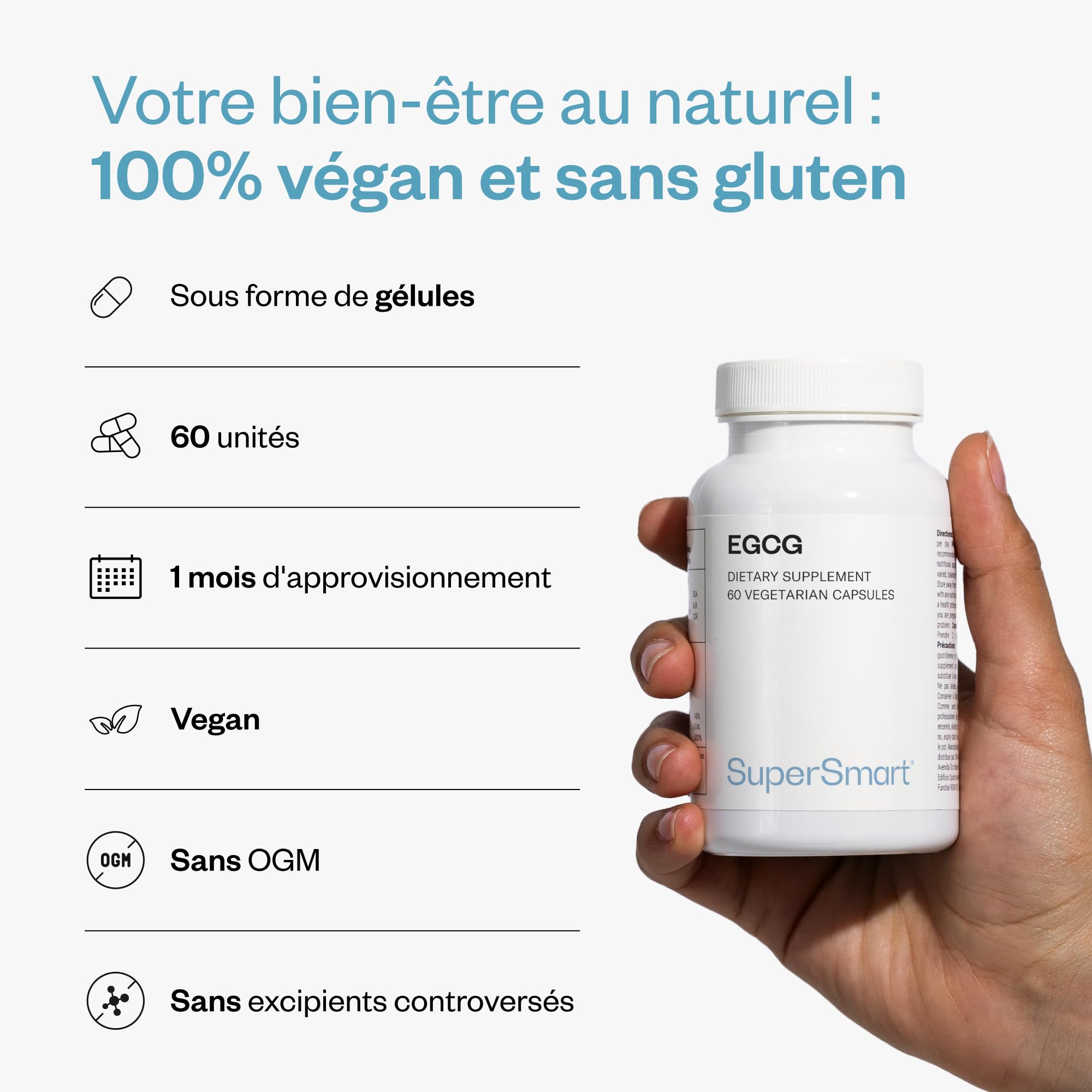 EGCG - Antioxydant - Améliore la Santé Cardiovasculaire - Aide à la Digestion - Extrait de Thé Vert Standardisé à 70% d’EGCg - Vegan - Sans Gluten - Supersmart
