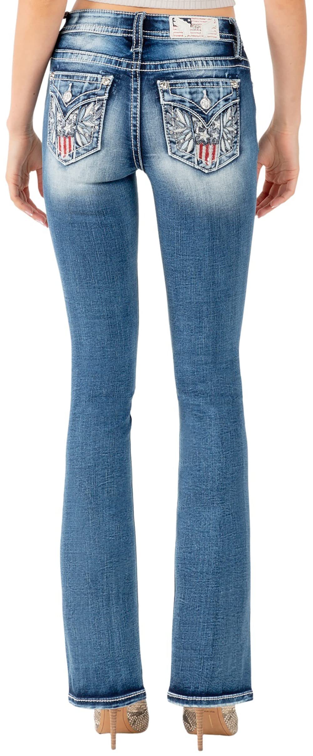 Miss Me Women's Mid Rise Embellished American Flag Feather Spread Boot Cut Jeans with Faux Flap Pockets (Inseam 34")