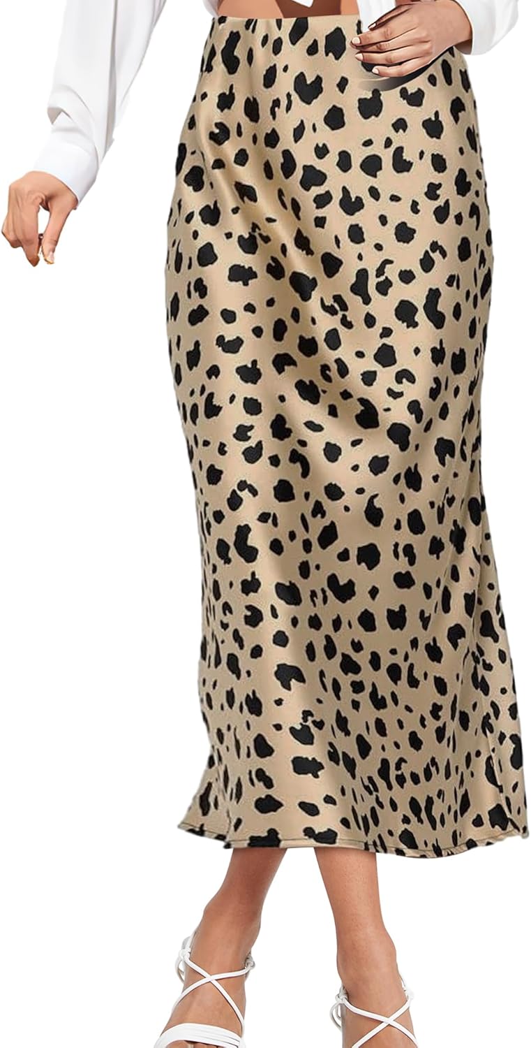 Women's Skirt, Midi Satin High Waist Skirt, Zipper Elegant Cocktail Party Wedding Flared A-Line Skirts for Women (Small, L) Leopard