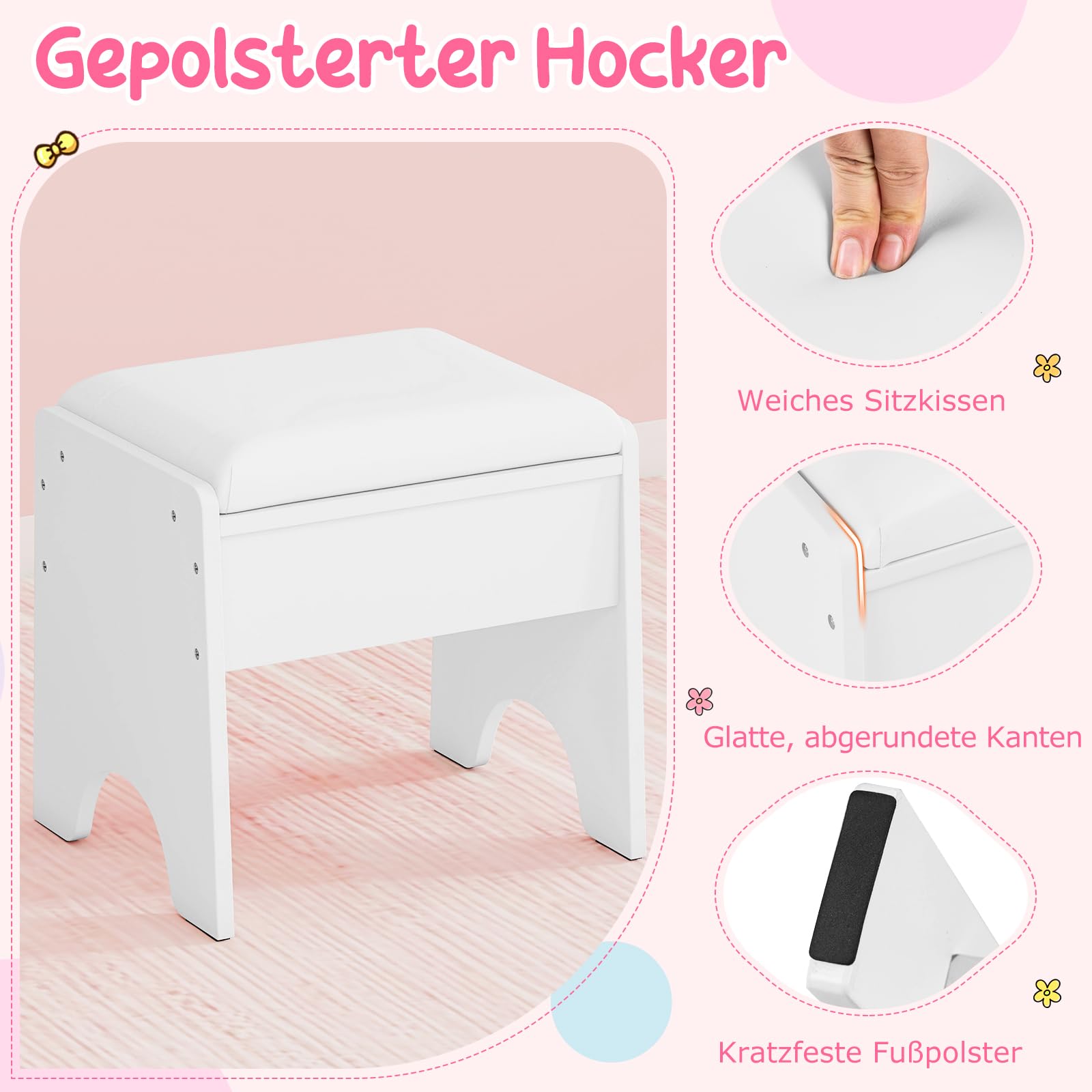DREAMADE Kinderschminktisch mit LED-Spiegel & gepolstertem Hocker, Frisiertisch aus Holz mit Ringschlitzen, Regal & offenen Fächern, Prinzessin Kosmetiktisch für Mädchen ab 3 Jahren (Weiß)