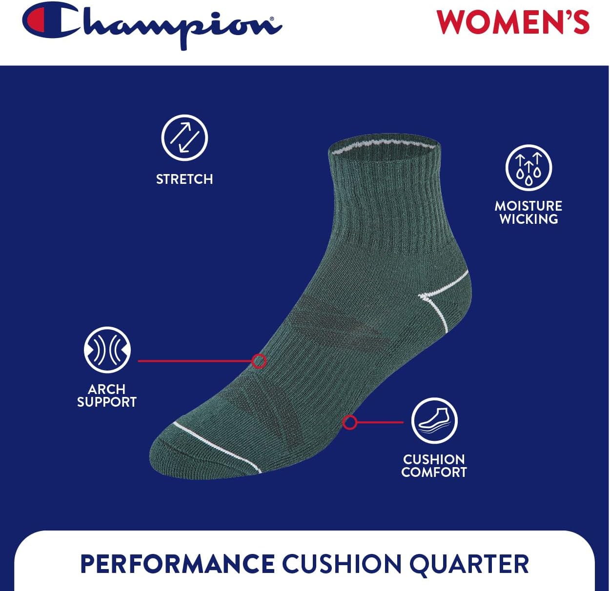Champion Women's Quarter Socks – 6-pack Cushioned Athletic Socks With Moisture-wicking, Arch Support (Size 4-10) - Image 4