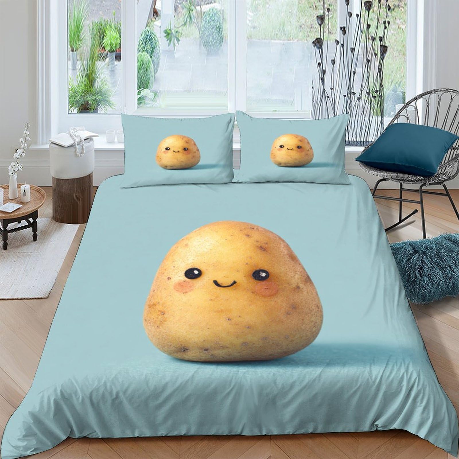 Ctjqhvkz Style-7 3D Printed Cute Potato Fitted Sheet Microfiber Soft Blue Cartoon Smile Bed Cover For Bedroom Dorm Mattress Decor Single（135X200cm）