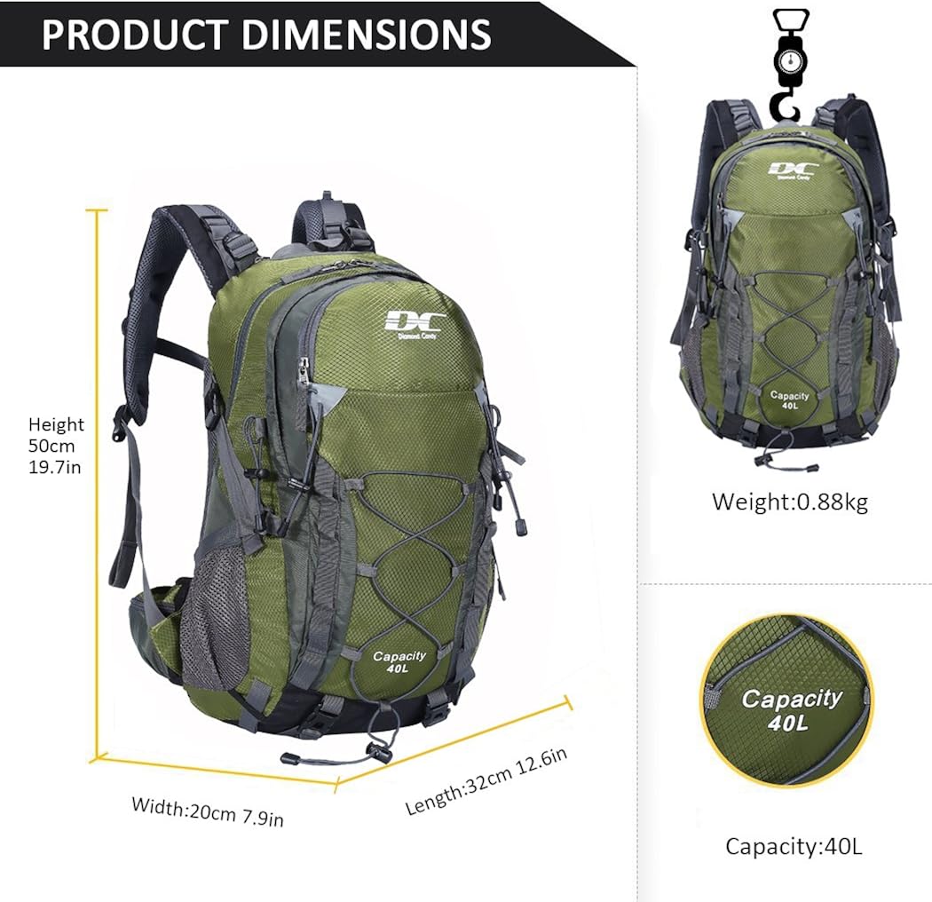 Diamond Candy Waterproof Hiking Backpack for Men and Women, 40L Lightweight Day Pack for Travel Camping : Sports & Outdoors