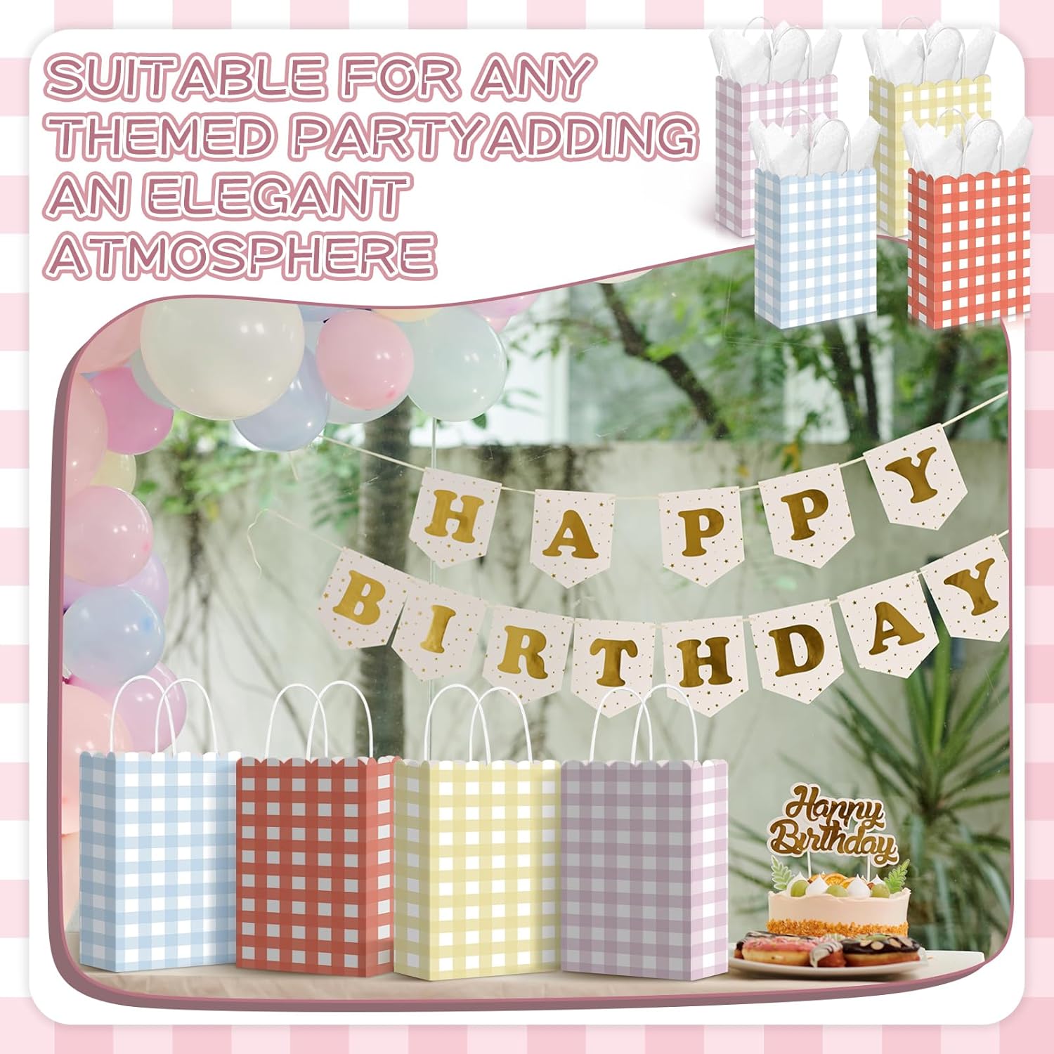 Kolldenn 24 Pcs Gingham Party Supplies Pastel Gift Bags 8.27 x 6.3 x 3.15 Inch Kraft Paper Checkered Plaid Candy Goodie Party Favors Bags for Easter Picnic BBQ Birthday Baby Shower Wedding - Image 6