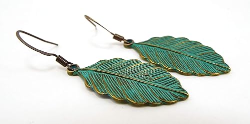 Miniatura 2 de Metal Feather or Leaf Dangle Earrings with Teal Verdigris Patina over Brass with Antiqued Brass Ear Wires