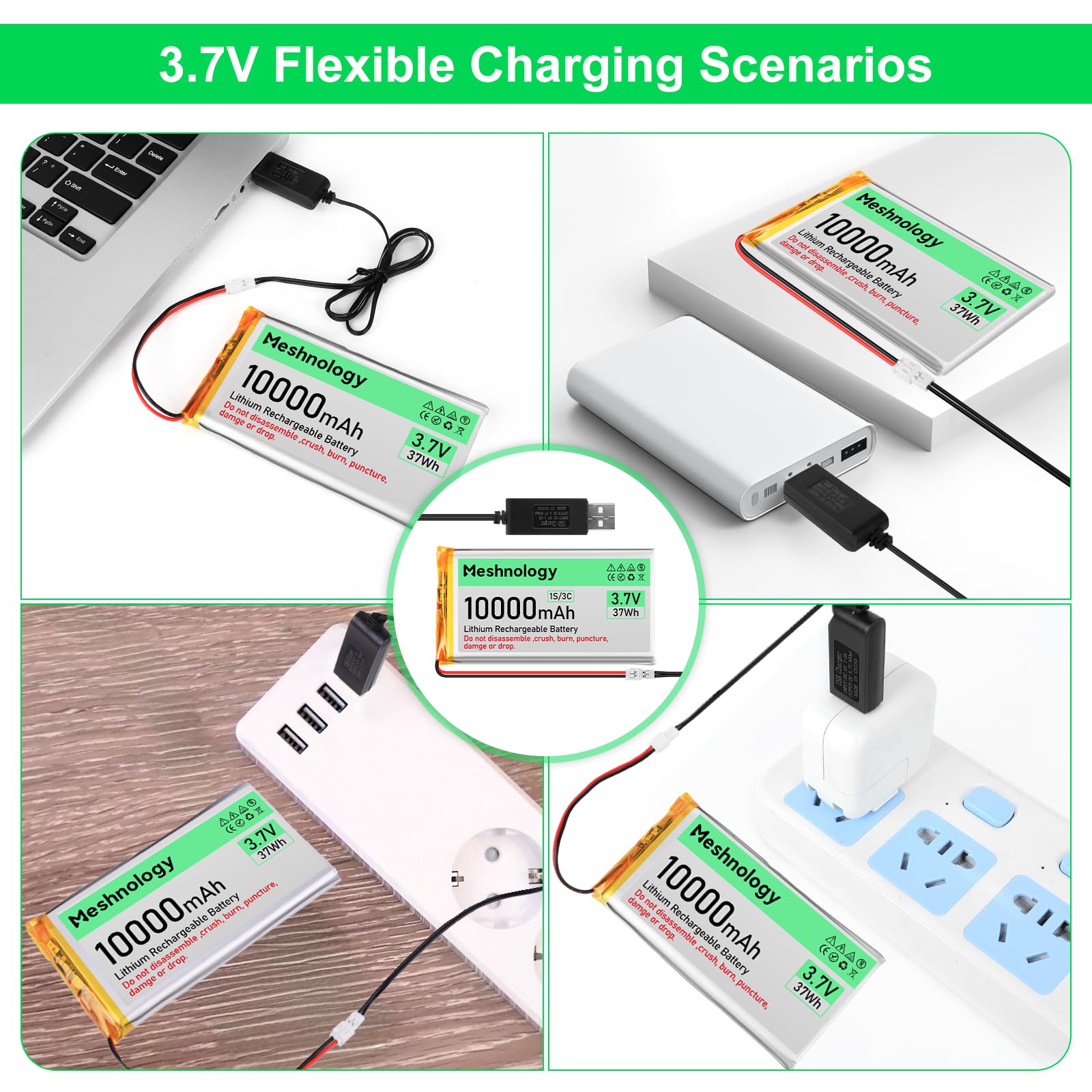 2 pz 3.7 V 10000 mAh Li Batteria con Cavo di Ricarica USB 1163115 1S Batteria LiPo con Bordo di Protezione Isolato Nastro di Gomma e Micro PH2.0 Spina per Arduino ESP32 Scheda Modulo Drone