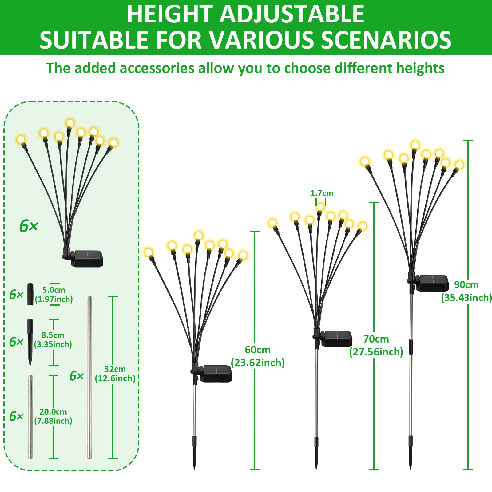 FIFlying Lampade solari per esterni da giardino, 6 pezzi 8 LED lucciole luci solari per esterni, nuove altezze opzionali, 8 modalità, luce lucciola, IP65, impermeabili, per pathway Yard Patio, YHC008