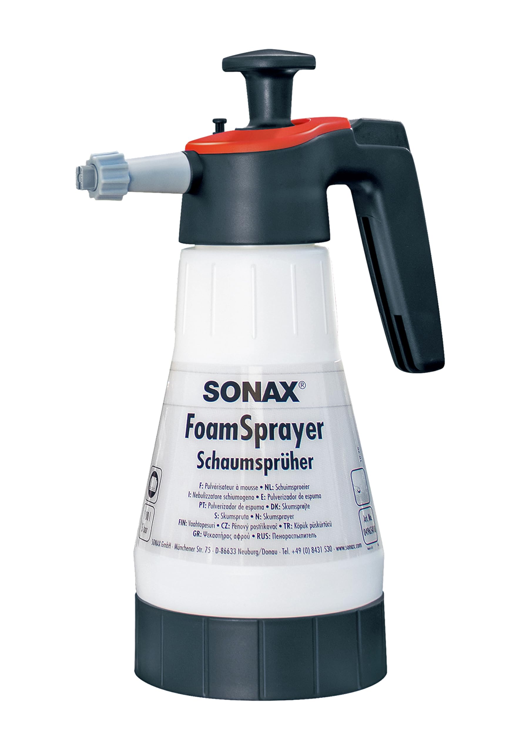 SONAX FoamSprayer 1 litr (1 sztuka) rozpylacz piankowy dla równomiernego spieniania i jeszcze dokładniejszego efektu czyszczenia, nr art. 04965410