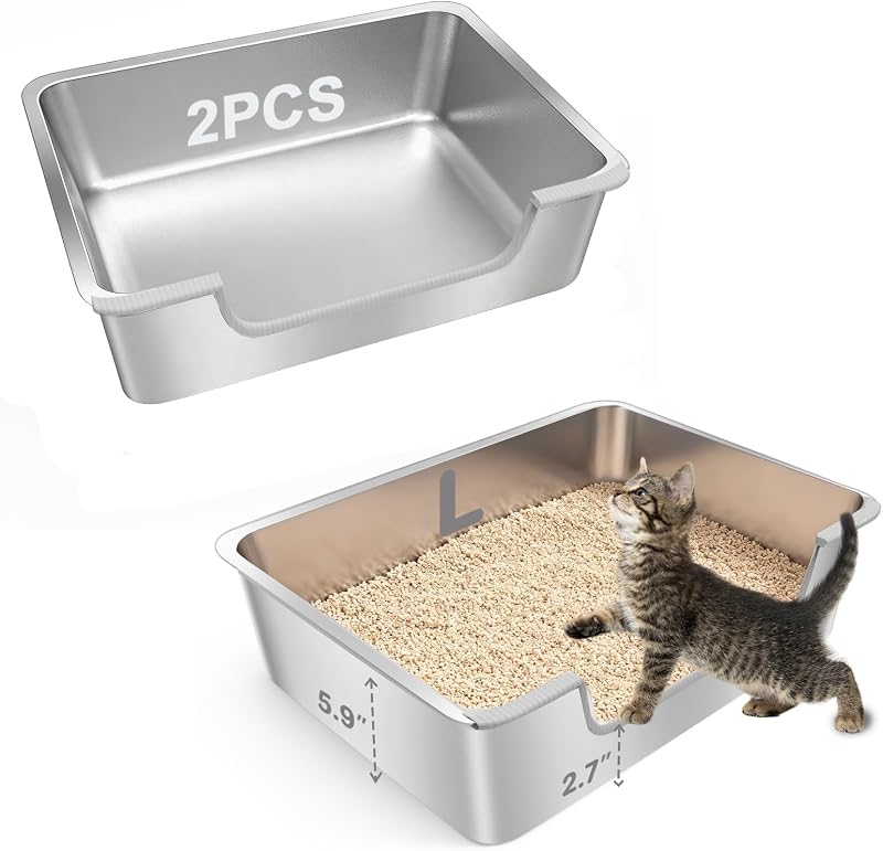 Caixa de Areia para Gatos em Aço Inoxidável com Entrada Baixa IXARO 2 Unidades 50,0 x 35,0 x 15,0 cm