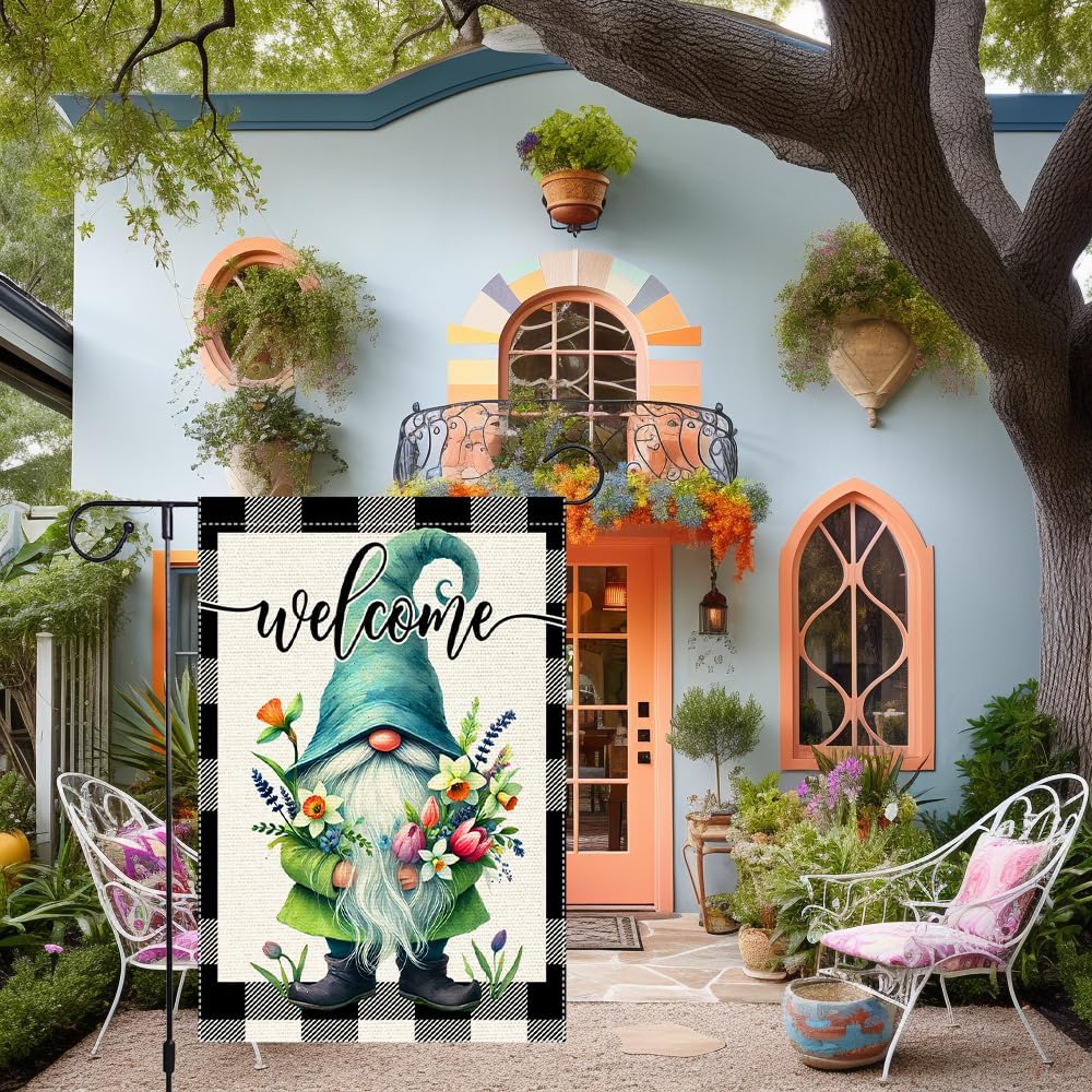 Welcome Spring Summer Gnome Garden Flag Colorful Floral Buffalo Plaid Garden Flags Small Burlap Lawn Seasonal Wildflowers Home Flags Outside Yard 12x18 Inch Double Sided - Image 2