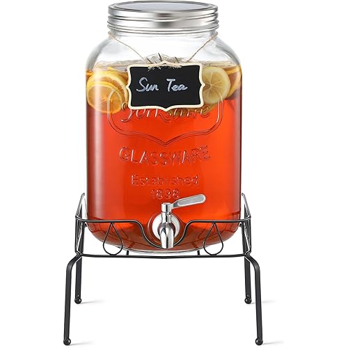 2 Gallon Glass Beverage Dispenser with Stand and Lid, 18/8 Stainless Steel Spigot - Glass Drink Dispensers for Parties - Mason Jar Drink Dispensers with Lids