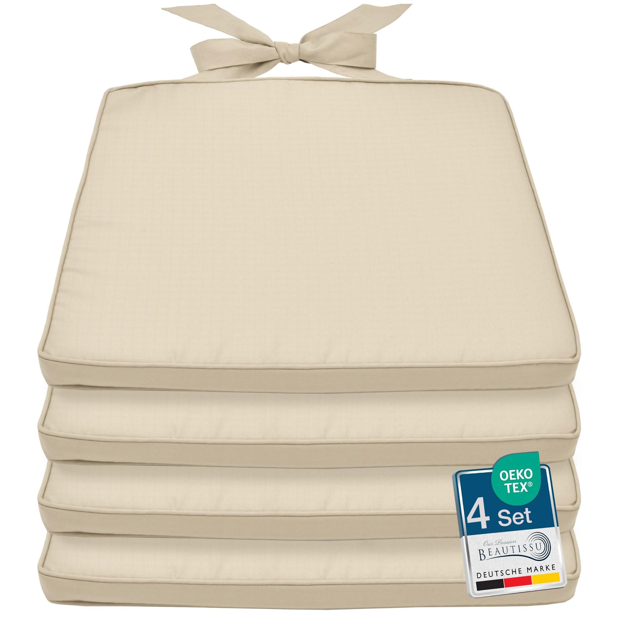 Beautissu Cojines para sillas de Comedor o sillas de Jardin Set de 4 Cojines Pia - 40-45x40x5 cm - sillas Mimbre y Asientos con Fundas Lavables - sillas Cocina - Natural