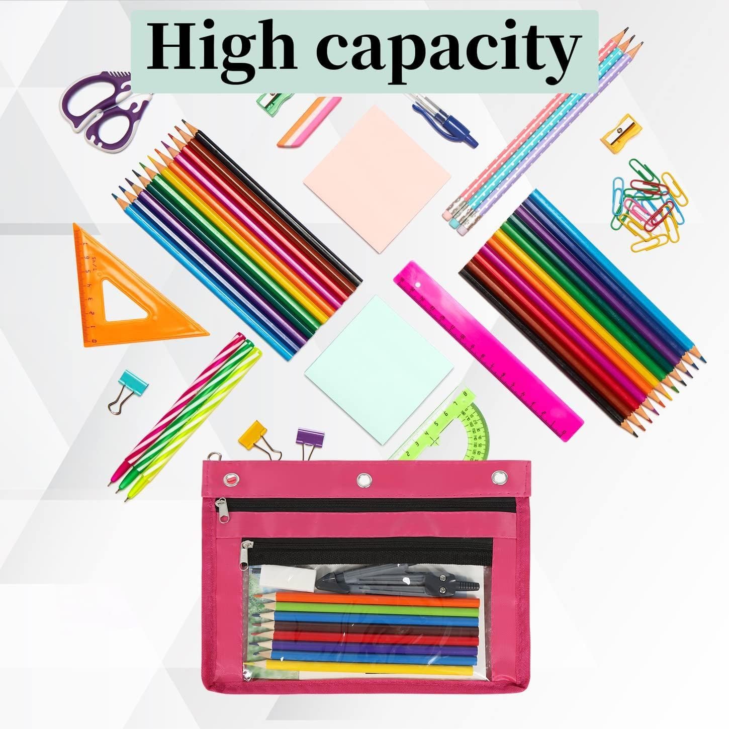 YoeeJob Estuche expandible de 1 pulgada para carpeta de 3 anillos, paquete de 18 bolsas de lápices de gran capacidad con cremallera, estuche transparente de tres anillos, adecuado para la escuela y la