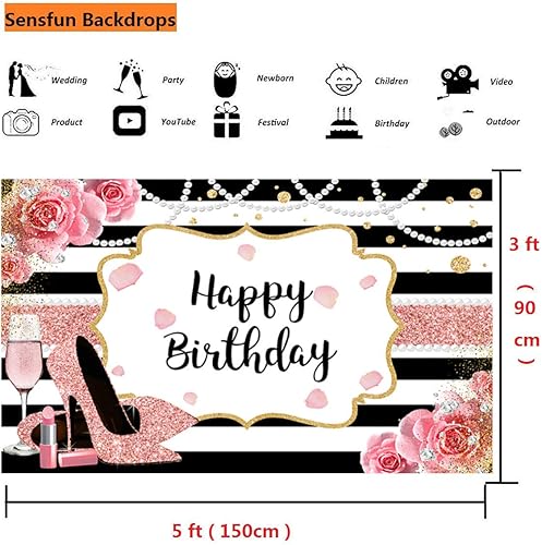 Miniatura 4 de Sensfun Telón de fondo de feliz cumpleaños floral rosa de 5 x 3 pies para mujer, con purpurina de oro rosa, tacón alto, fondo de fotografía, fondo