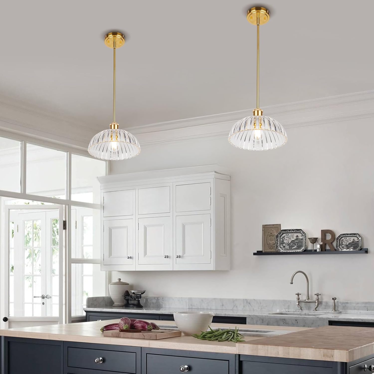 JYO 10" Gold Pendant Light, Vintage Single Pendant Light Fixtur with Ribbed Glass, Pendant Light for Kitchen Island Bedroom Hotel Living Room