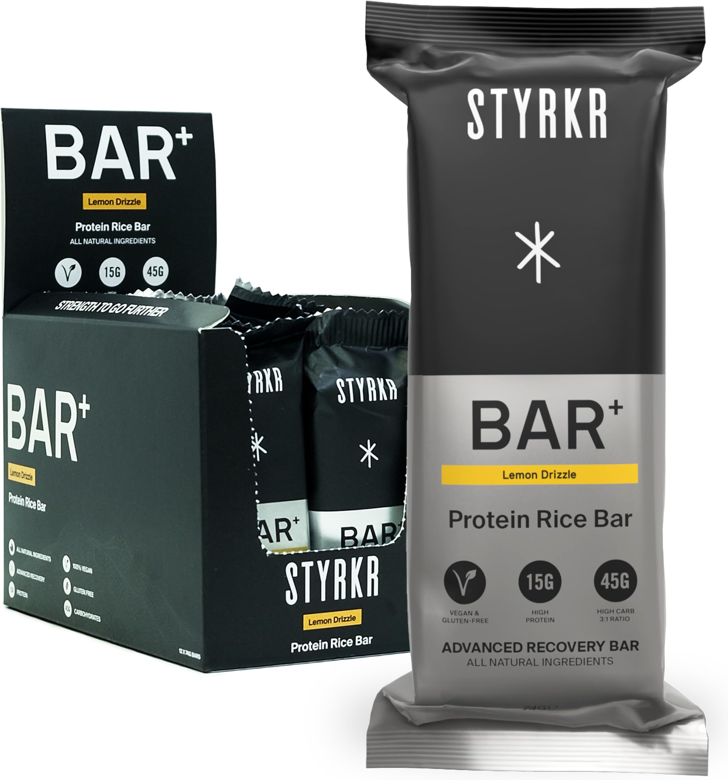Styrkr BAR+ High Protein Energy Bars - 15g of Protein & 45g of Carbs - Pack of 12 Rice Bars - Lemon Drizzle Flavour - Approved by Endurance Athletes for Cycling & Running - 12x Pack