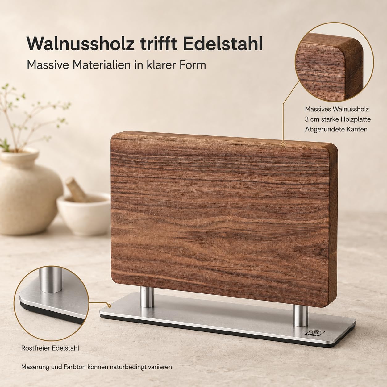 zayiko Messerblock aus Walnussholz, doppelseitig magnetisch, ohne Messer