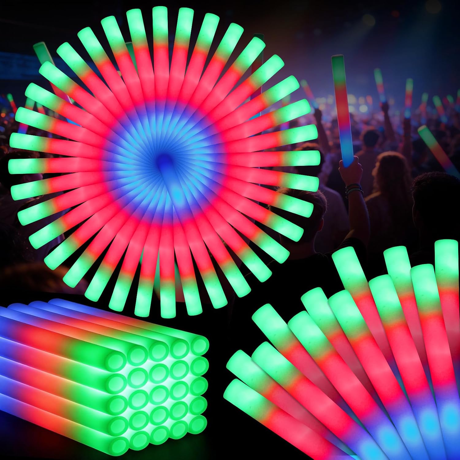 60PCS Foam Glow Sticks Bulk, Light up in the Dark Party Supplies with 3 Colorful Flashing Modes, Glow Party Pack for Wedding, Birthday, Concert, New Year, Halloween, Christmas,Carnival
