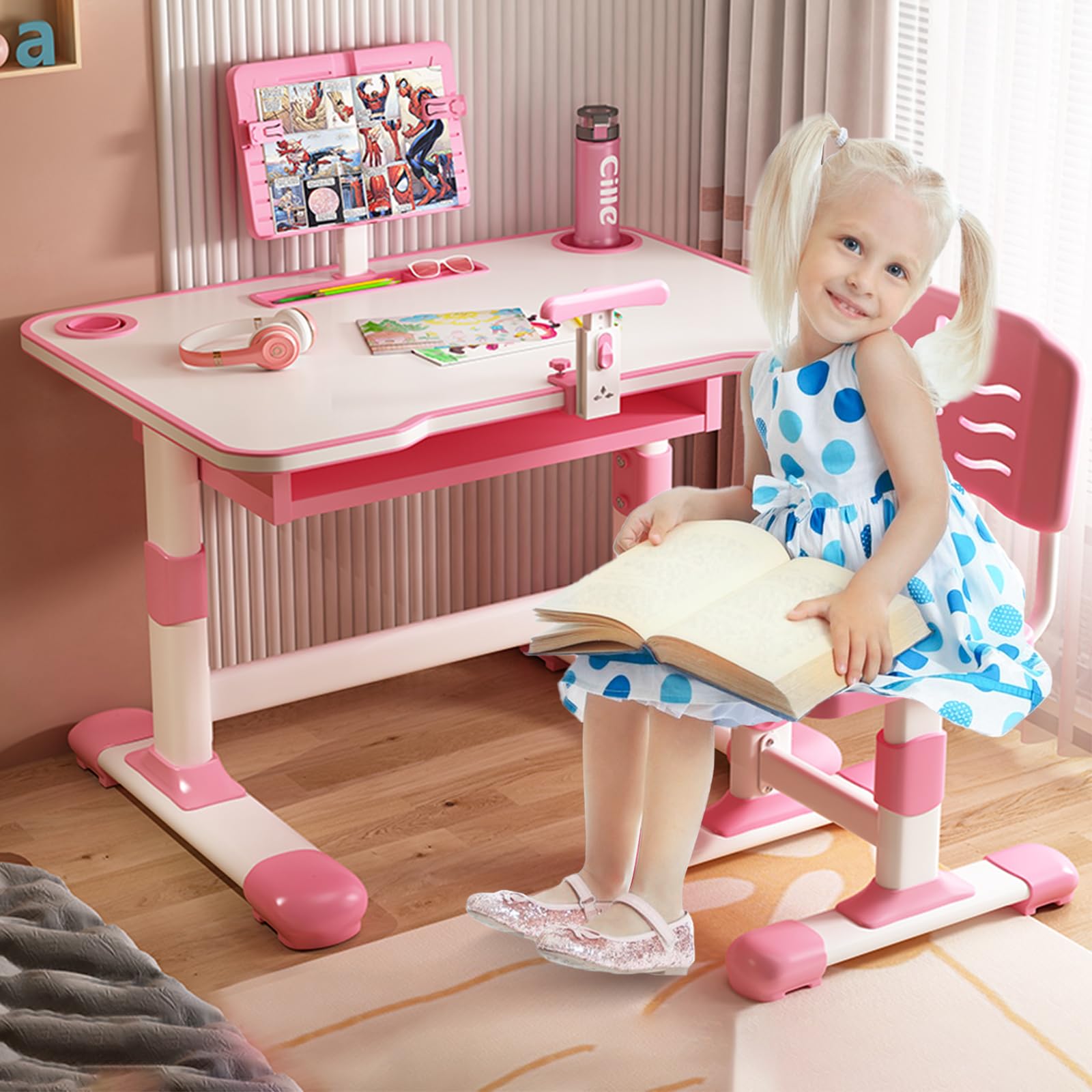 Vinteky Kinderschreibtisch Schülerschreibtisch, Höhenverstellbar Kindertisch mit Stuhl, Schreibtisch mit Schubladen Sitzhaltungskorrektor, Bücherständer (Rosa)