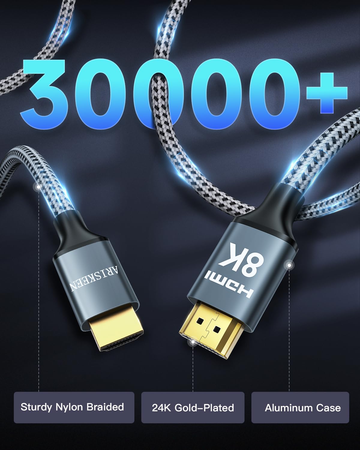 ARISKEEN Cavo HDMI 8K 10,2 m, cavo HDMI 2.1 ad alta velocità 48 Gbps, 8K 60Hz, 4K 120Hz 144Hz, supporto per HDR 10, HDCP 2.2 2.3, eARC, DTS:X, cavo HDMI intrecciato compatibile con