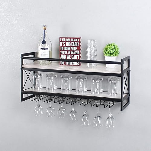Miniatura 5 de MBQQ Estante de vidrio para vino, estante industrial de madera de 2 niveles, estantes de vino de 30 pulgadas para montar en la pared con 7 soportes
