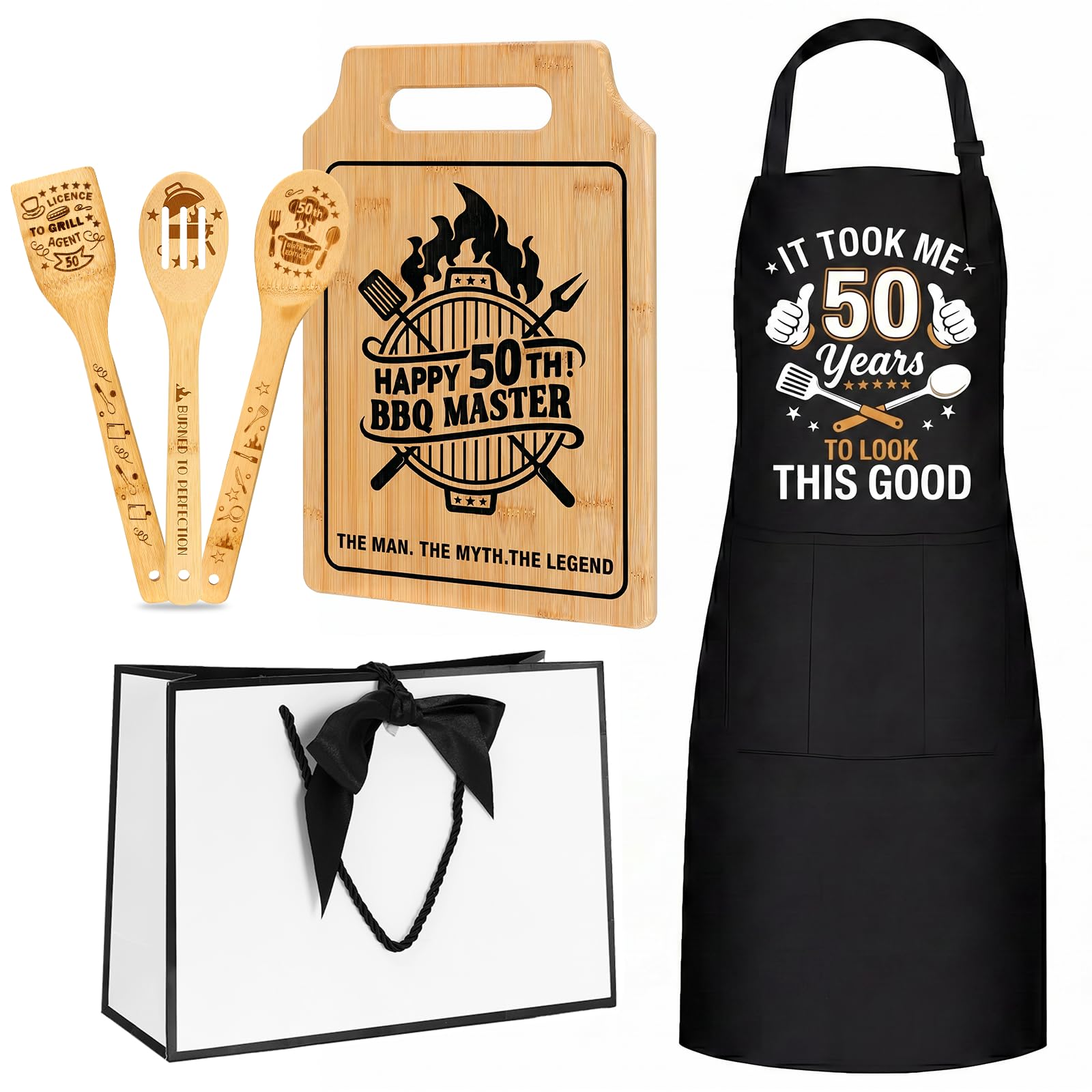 50th Birthday Gifts for Men Chopping Board & Apron Set – Humorous Bamboo Cutting Board & Black Apron | Funny 50th Birthday Gift for Him Dad Husband Brother Friend | Practical Kitchen Gift for 50 Year