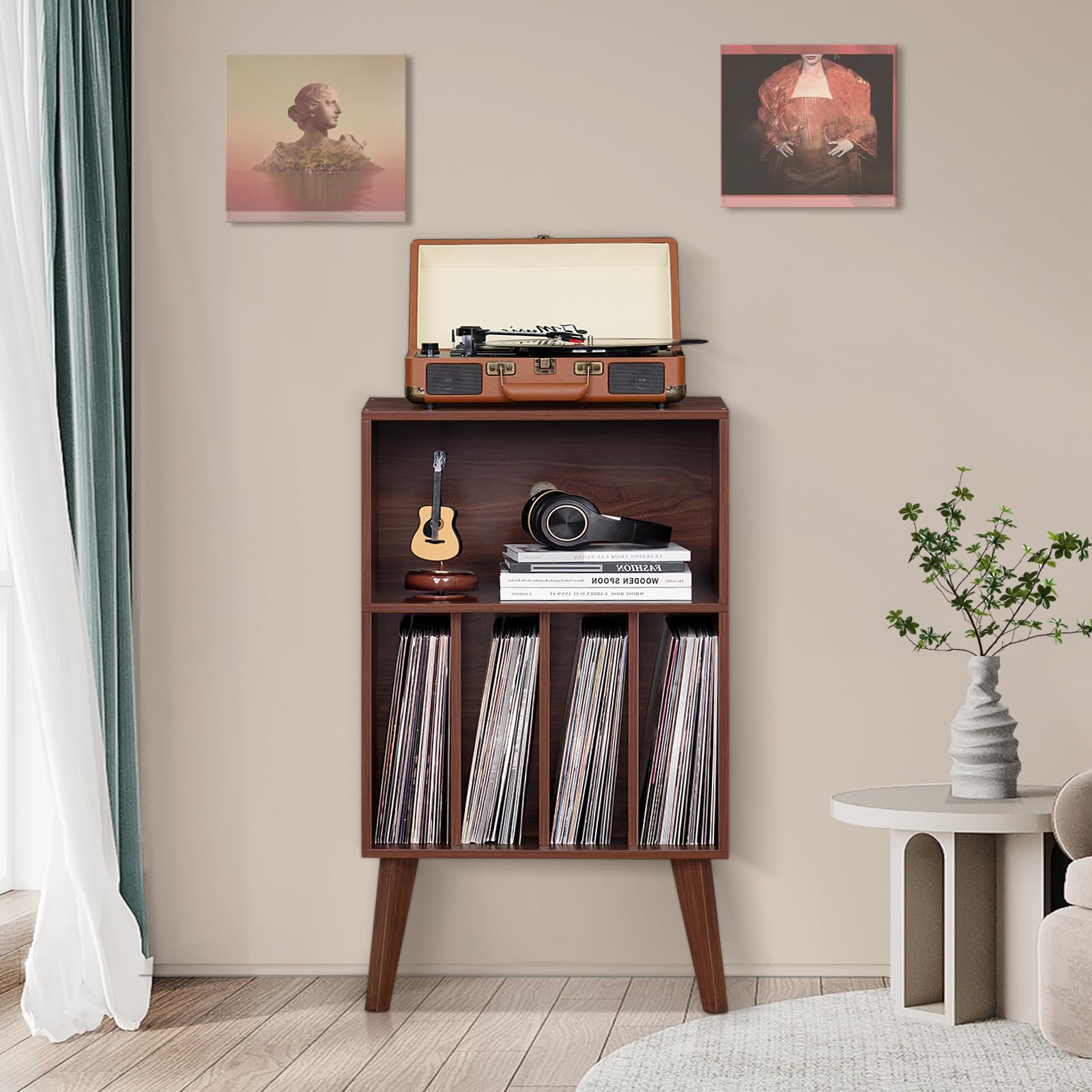 LELELINKY Supporto per giradischi, offre spazio fino a 160 album, supporto in vinile Mid-Century, tavolo con gambe in legno, noce