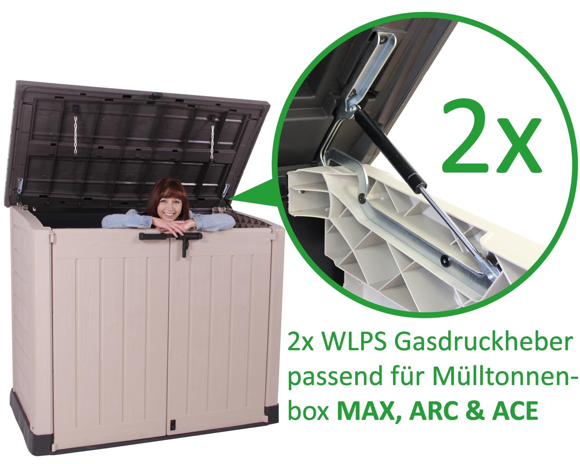 Ondis24 2x Gasdruckheber für Mülltonnenbox Keter Max, Arc, Ace, Elite Store & Premier XL Ersatzteil WLPS Gasdruckfeder 140N - Doppelpack 2er Set