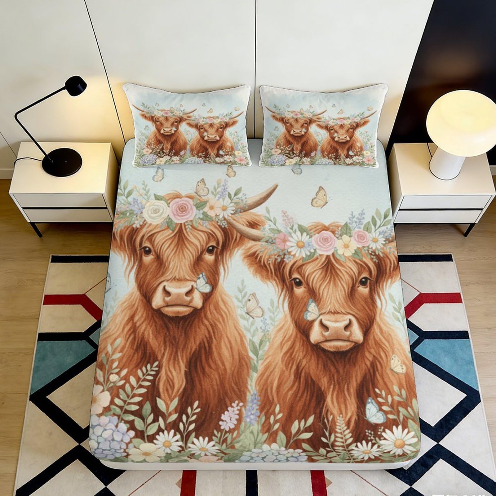 3D Printed Highland Cow Fitted Sheet Microfiber Deep Pocket Bedroom Set Highland Cow Mattress Fitted Cover, For Home Use 90x200x25cm