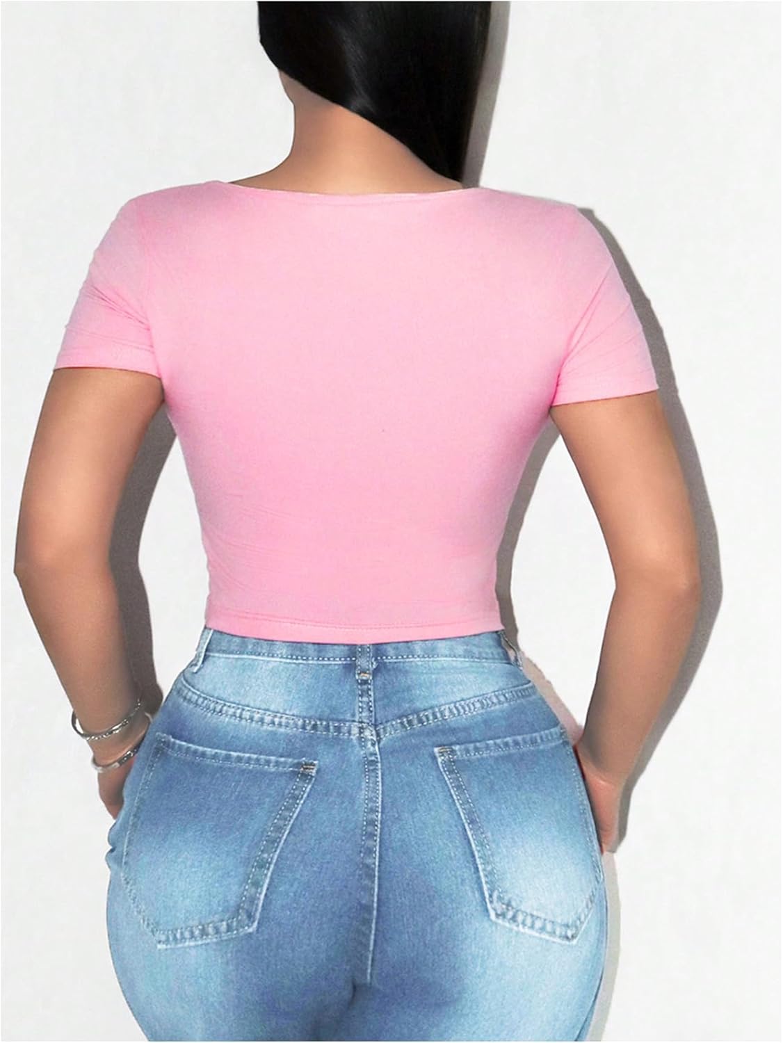SHENHE Women's Sexy Twist Front Square Neck Short Sleeve Slim Fit Crop Top Trendy Y2K Tops Tee T Shirts - Image 2
