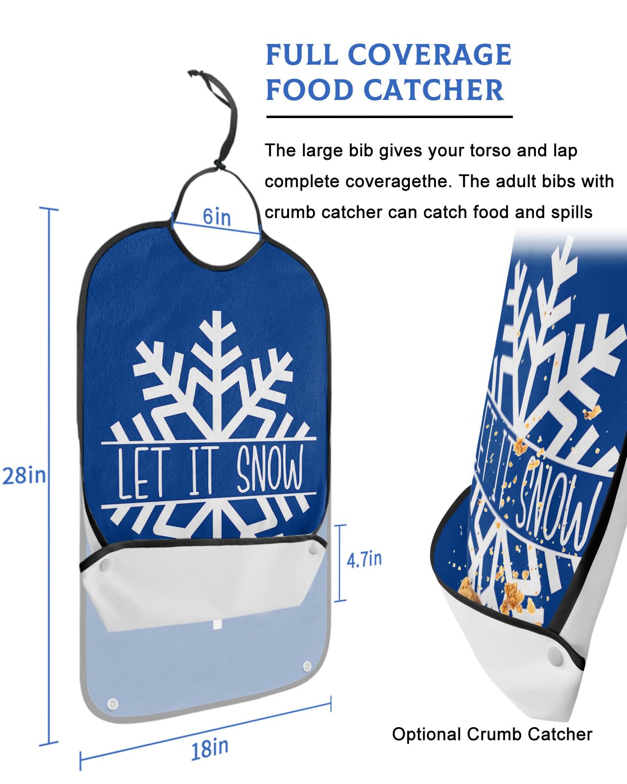 LEOKOTI Navy Blue Snowflake Christmas Adult Bibs for Eating, Waterproof Bibs with Food Catcher & Adjustable Snap Closure, Hello Winter Snowflake Washable Clothing Protectors Adult Bibs for Elderly