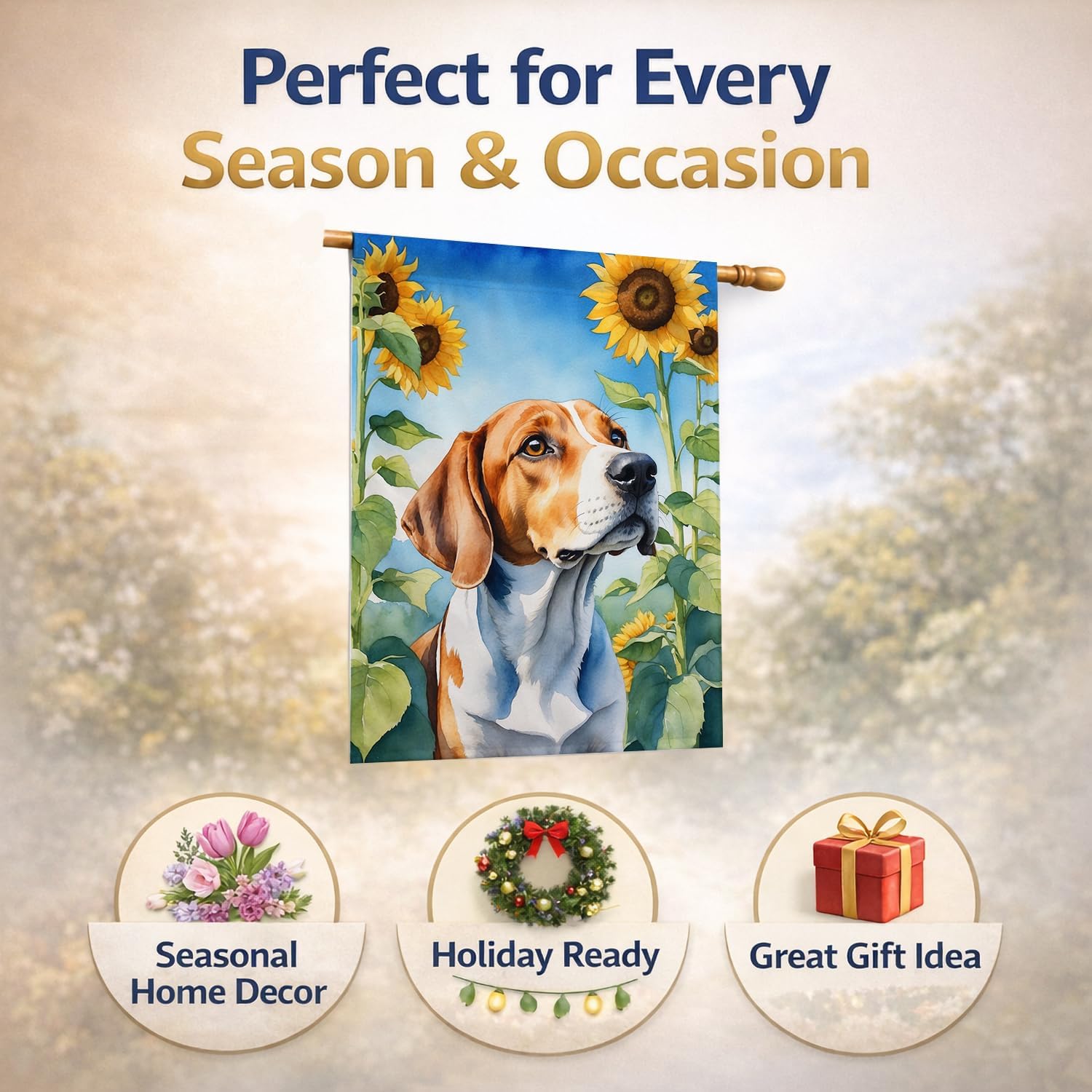 Caroline's Treasures DAC6074CHF English Foxhound in Sunflowers House Flag Large Porch Sleeve Pole Decorative Outside Yard Banner Artwork Wall Hanging, Polyester, House Size, Multicolor