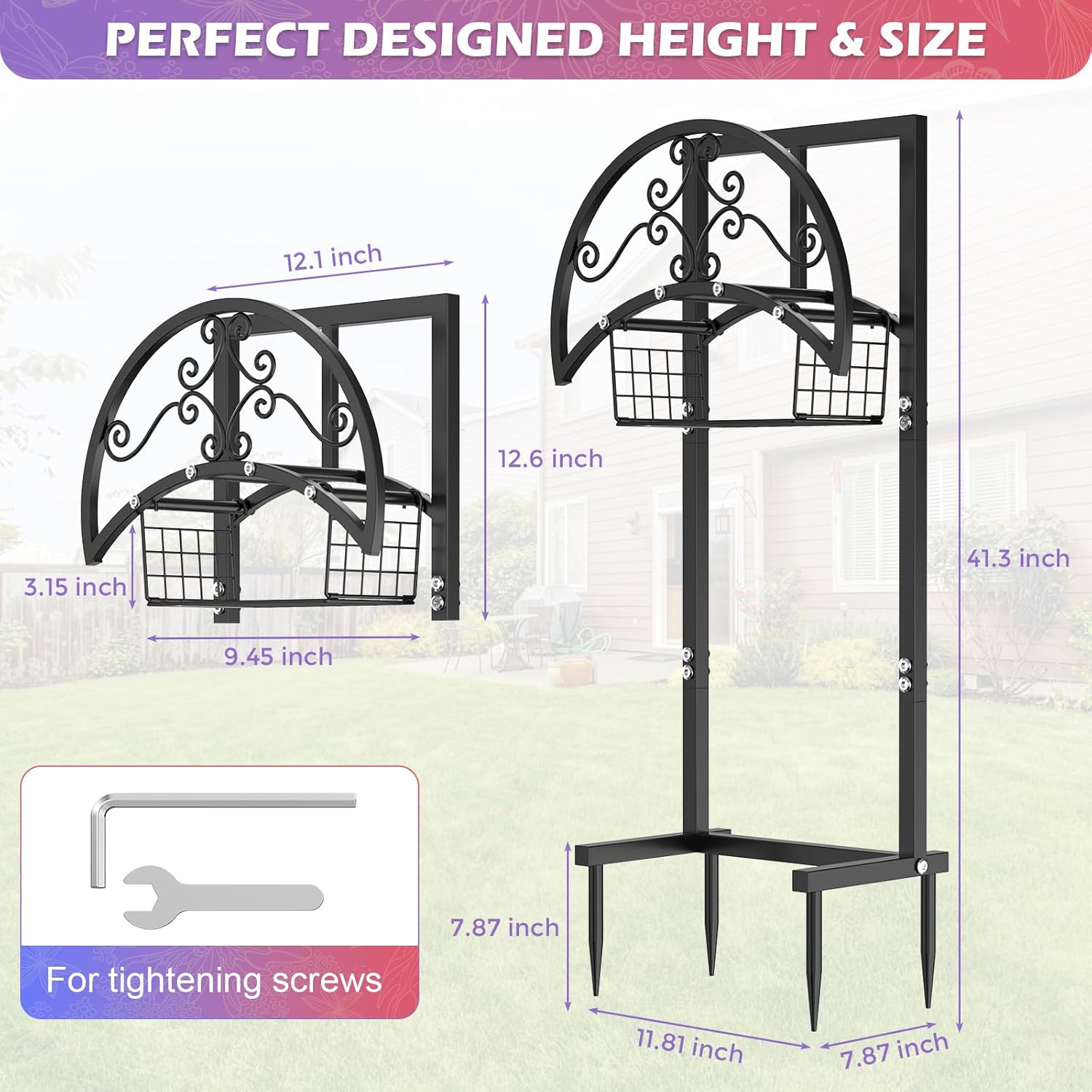 OLV Garden Hose Holder with Storage Basket, Outdoor Decorative Water Hose Holder Freestanding Stake Reels Holds 150-ft Pipe, Heavy Duty Metal Hose Storage Stand Hanger Rack for Outside Yard Lawn Farm