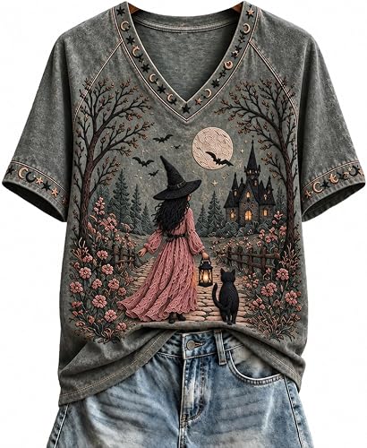 Womens Halloween Witch Shirt Pink Dress Witch & Black Cat Pr