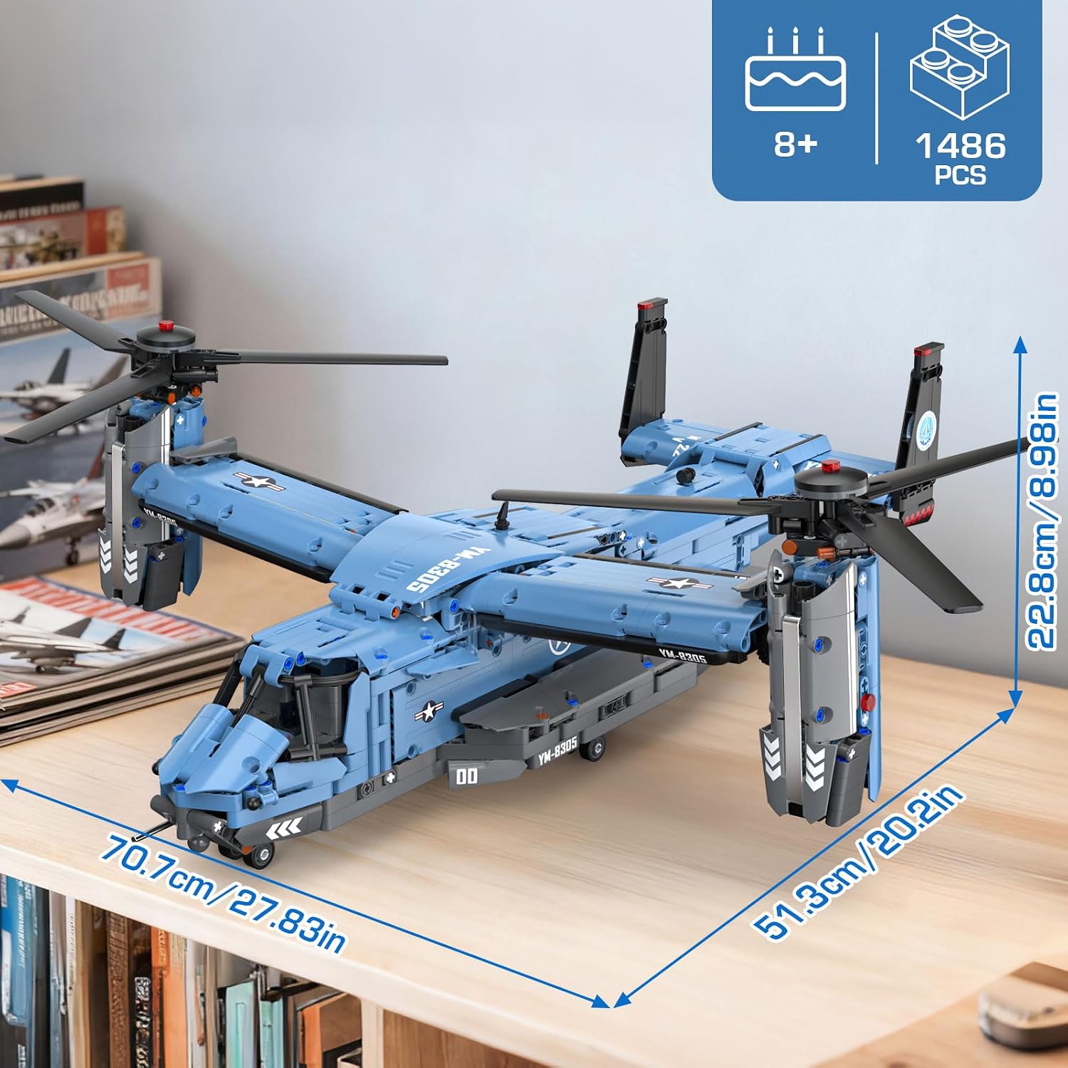 GEVINST Military Helicopter Building Blocks Set, 1486 Pieces V-22 Fighter Jet Army Airplane Toys Model Kits for Adults Kids Boys Ages 8 10 12 14