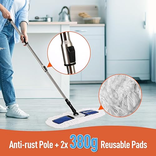 Miniatura 2 de Trapeador de polvo comercial resistente de 24 pulgadas para suelos de madera dura y áreas grandes, con 2 almohadillas de microfibra, mango