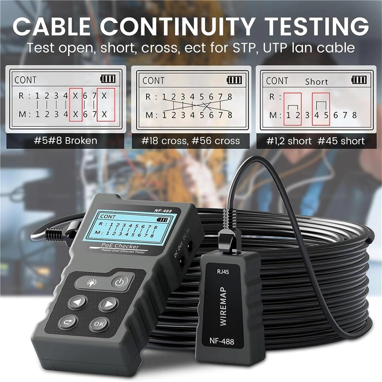 Tester Kabli Sieciowych, Tester okablowania sieciowego NF-488 PoE Tester okablowania Ethernet Test ciągłości przełącznika zasilania DC Test pętli zwrotnej dla CAT5e/CAT6/6a