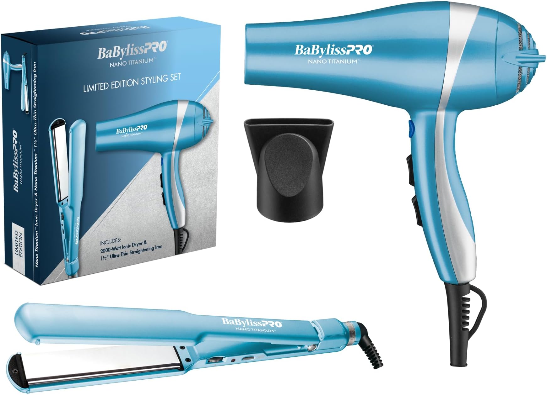 BaBylissPRO Nano Titanium Ultra-Thin 1-1/2-Inch Flat Iron Hair Straightener and 2000 Watt Ionic Hair Dryer with Concentrator Set, 5-Inch Extended Plates for Faster Straightening, For All Hair Types