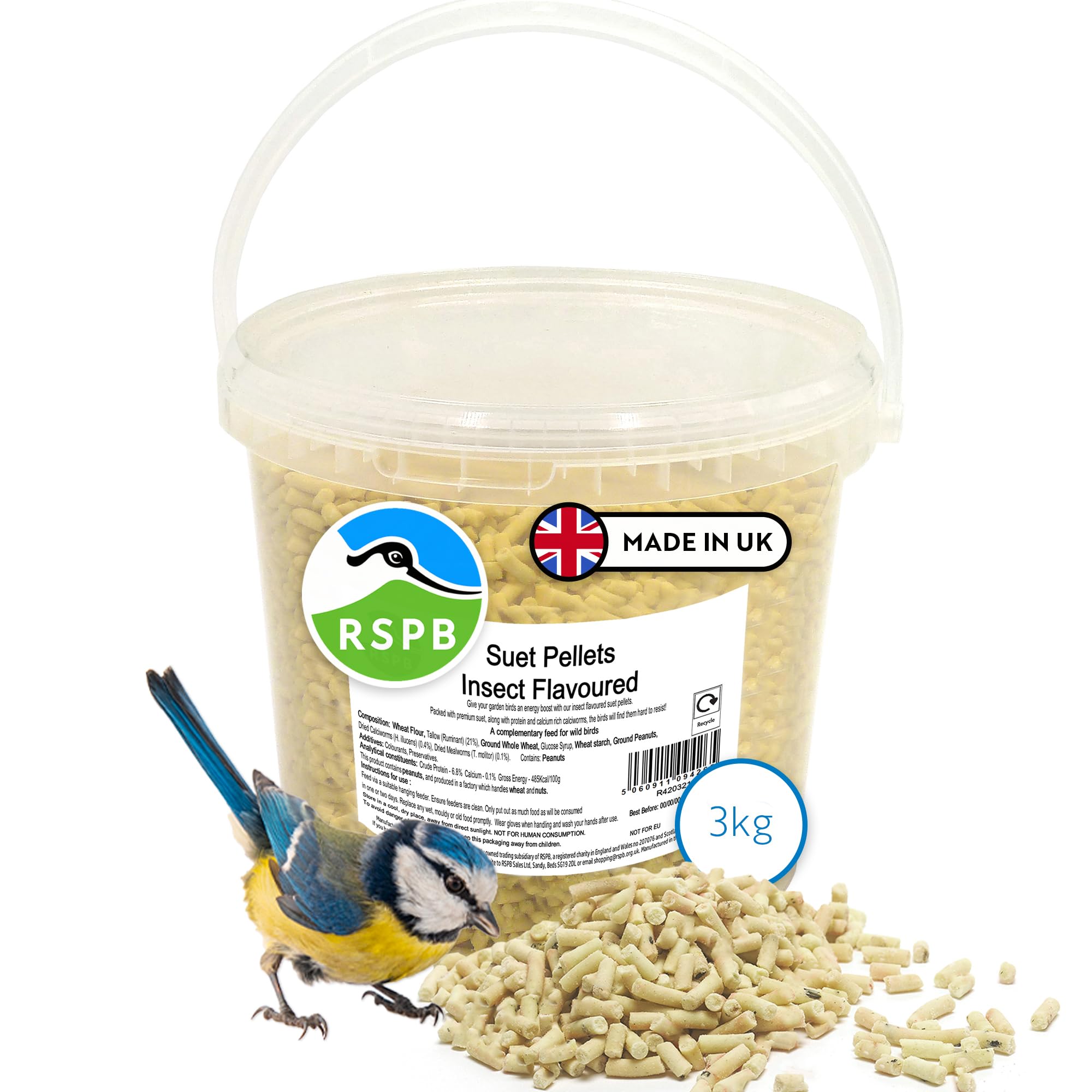RSPB - Suet Pellets, Wild Bird Food for Small Birds, Premium Ingredients, Made in the UK, Healthy and Nutritious, Suitable for Year-Round Feeding (Insect Flavour) (3kg Tub)