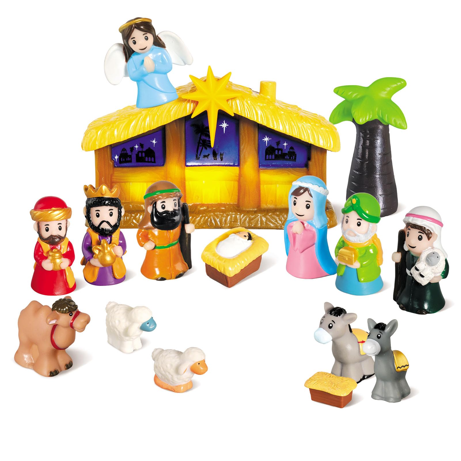 Lighted Nativity Set for Kids, Christmas Story Nativity Playset Figures, 17 Pcs Childrens Nativity Set with Baby Jesus Mary Joseph & Manger, Little Nativity Scene for Preschool Boys Girls
