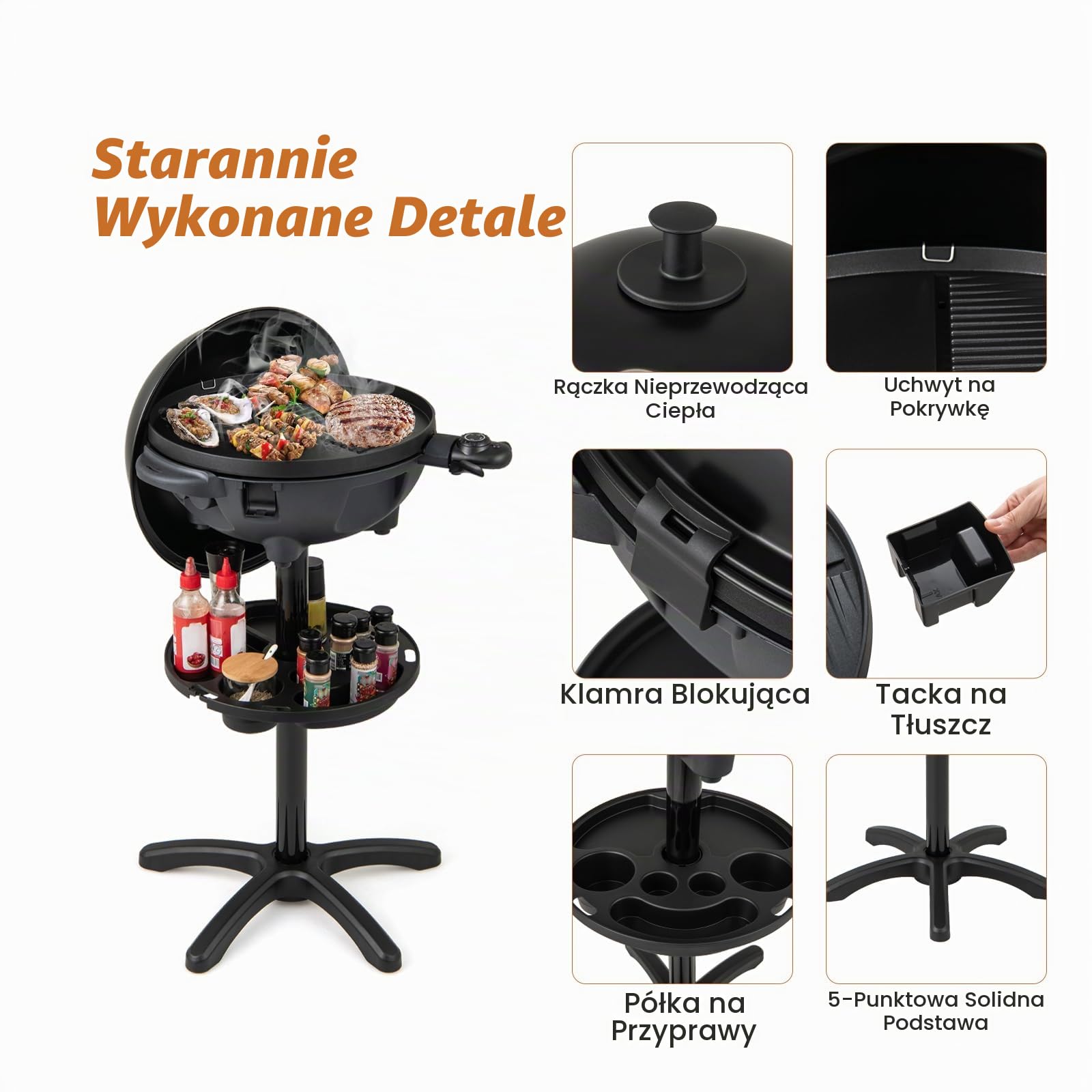 KOMFOTTEU Grill elektryczny z 2 strefami gotowania, grill stołowy 1200 W z uchwytem na przyprawy i termometrem, elektryczna płyta grillowa z powłoką zapobiegającą przywieraniu, grill stojący do użytku