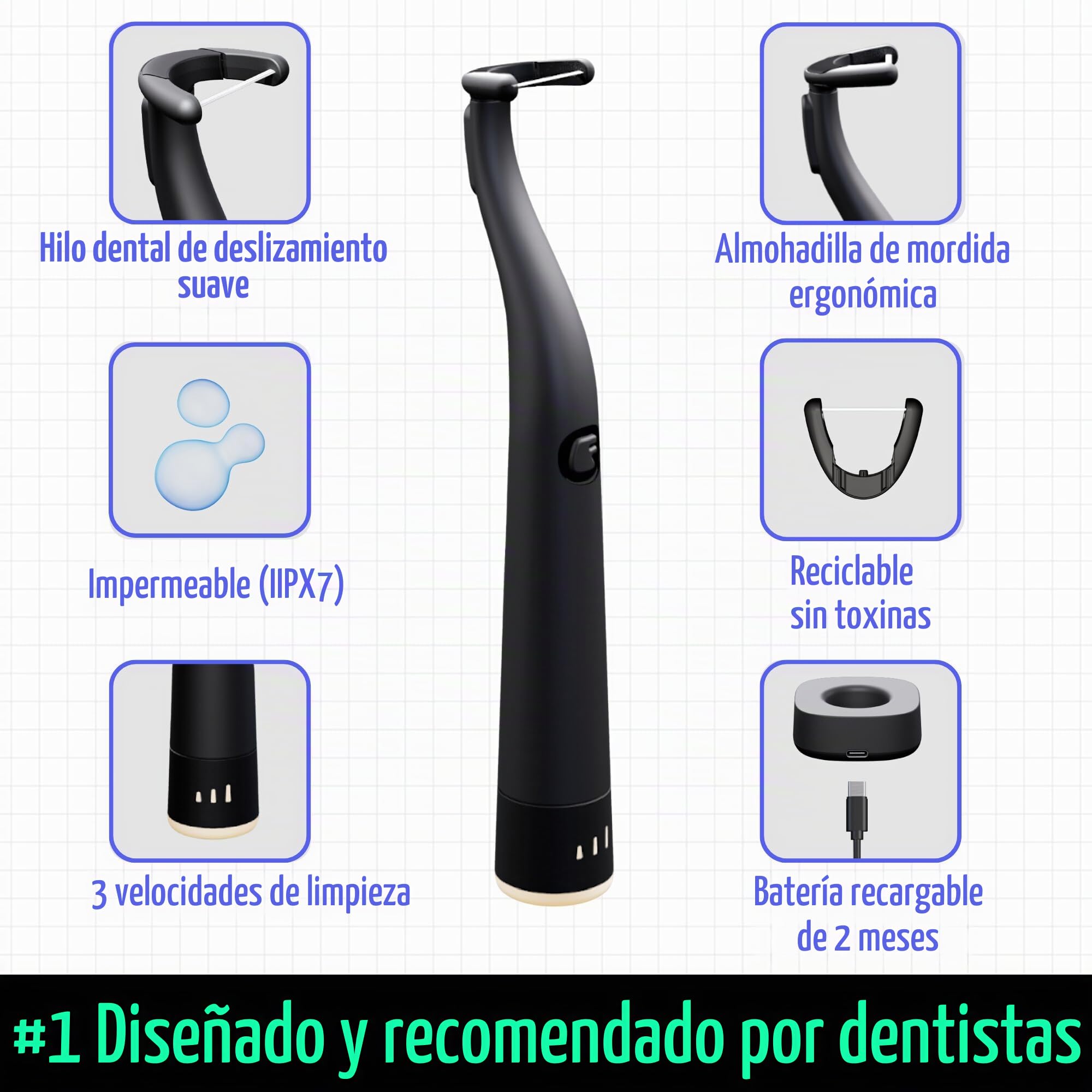 FLAUS Hilo dental eléctrico (deslizamiento suave) – Shark Tank + Lista de Oprah – Alternativa al hilo dental – Removedor de placa dental para adultos – Fácil vibración Power Flossing – Goma de mascar