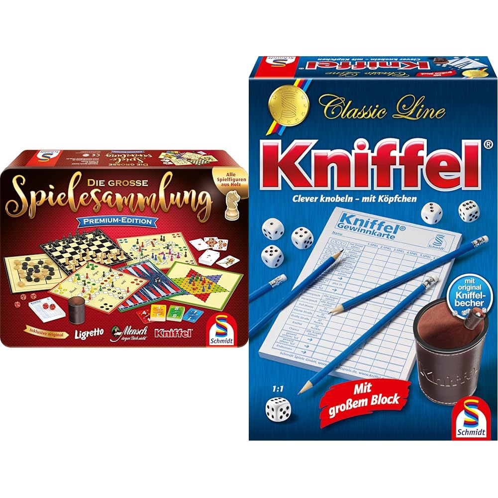 Schmidt Spiele 49197 Die große Spielesammlung Premium-Edition, in Einer Metallbox, Bunt & 49203 Kniffel, Classic Line, mit großem Block, mit original Kniffelbecher